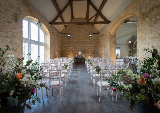 Stone Barn set up for a wedding ceremony