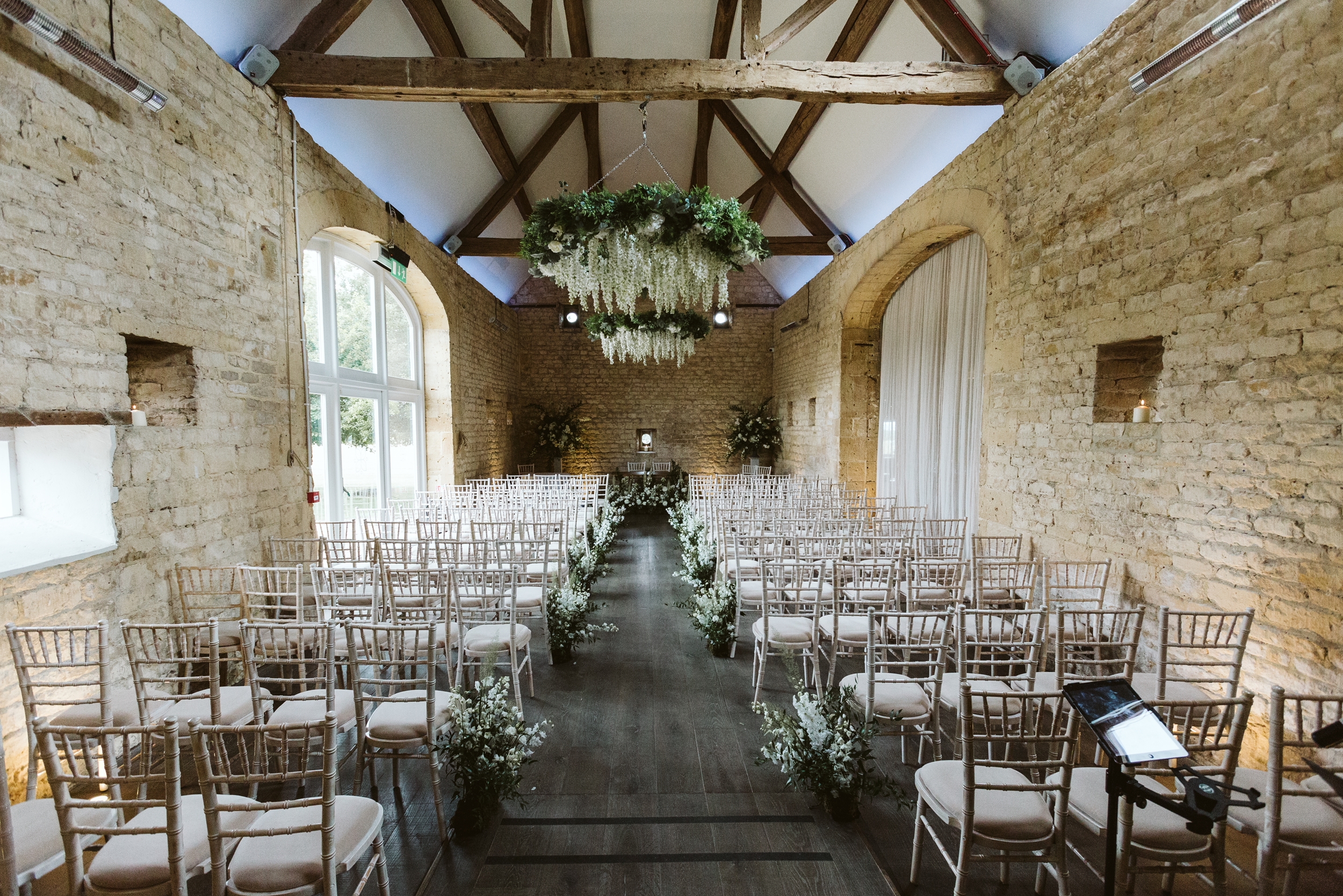 The stone barn all set for the wedding ceremony