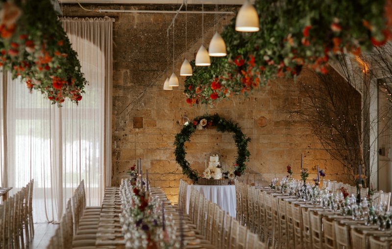 Rows of tables set for the wedding breakfast