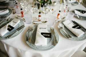 Charger plates and place names set for the wedding breakfast